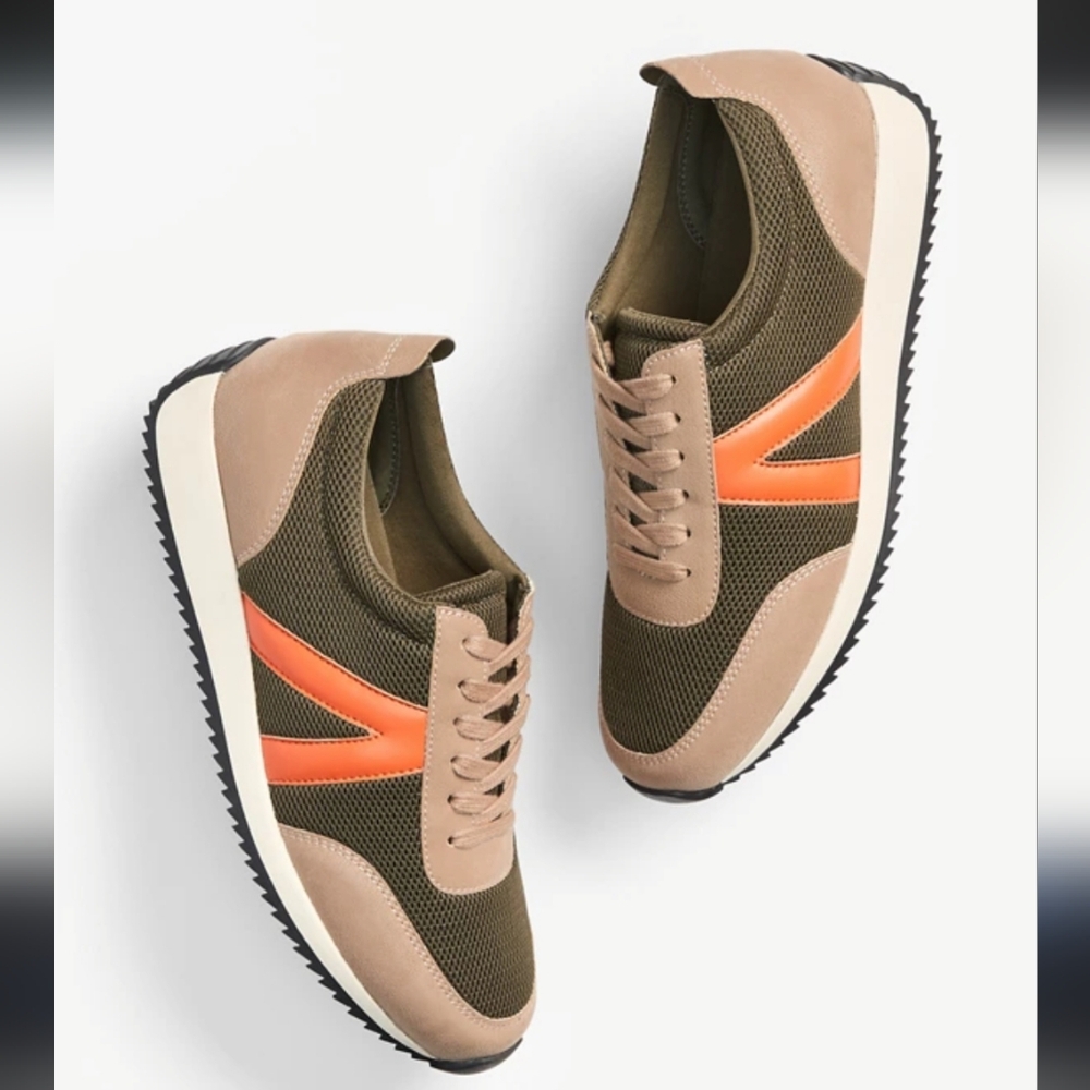 Maurices Zoe Colorblock Trainer Olive Tennies W/Orange Logo Size 10 Vegan Shoes